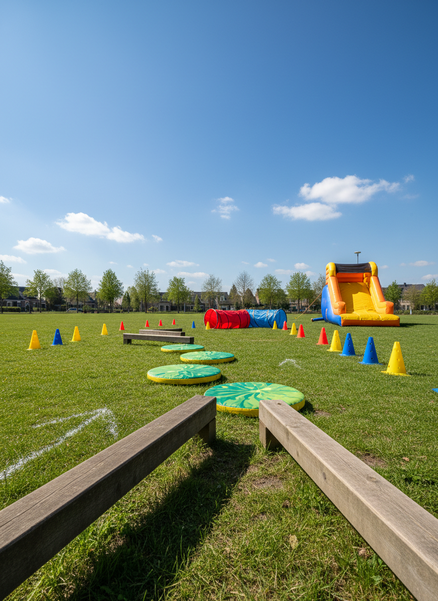 An adventurous outdoor play course set up in a neighborhood park, featuring low wooden balance beams, foam stepping stones shaped like lily pads, small bright tunnels, and a gentle inflatable slide, all positioned on a well-kept lawn in Zwolle Zuid. Colorful safety cones and chalk-drawn arrows guide the path. Overhead, a clear blue sky with a few fluffy clouds adds lightness to the scene. Midday natural sunlight creates crisp yet friendly shadows, highlighting textures of wood, foam, and grass. Captured in photographic realism from a low-angle perspective to emphasize the course’s playful scale, with wide composition and sharp focus, the mood is energetic, safe, and adventurous, designed for children up to 12, with no people visible.