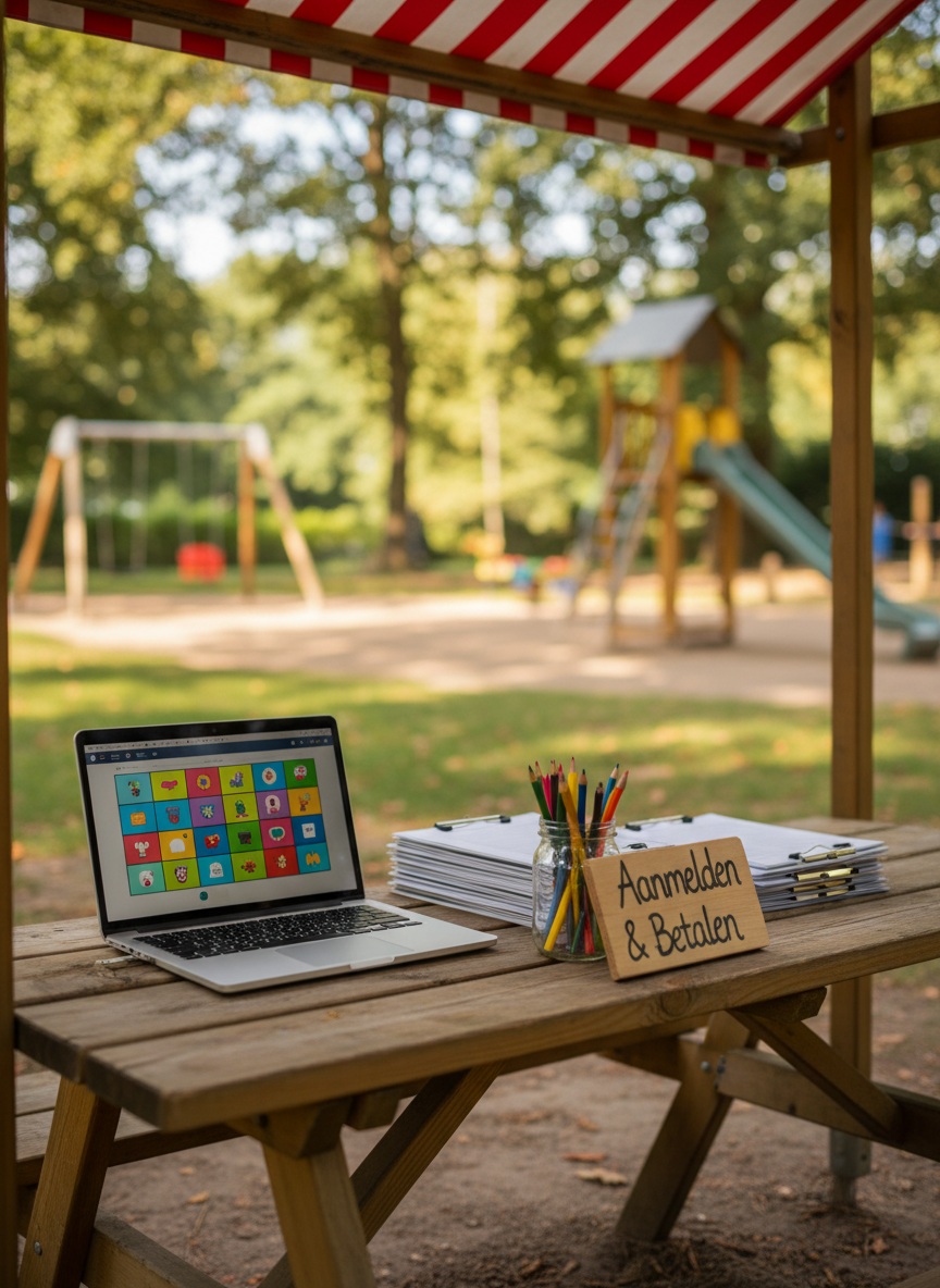 A cozy registration corner set up on a sturdy wooden picnic table, featuring an open laptop displaying a colorful event schedule, next to neatly stacked registration forms, a clear jar filled with bright pencils, and a small sign reading “Aanmelden & Betalen” in playful Dutch lettering. The table stands under a striped canopy in a quiet park area of Zwolle Zuid. Soft, diffused afternoon light filters through nearby trees, creating dappled patterns on the table surface. Shot from a slightly elevated angle in clean photographic realism, with shallow depth of field that blurs the background play structures, the mood feels organized, inviting, and child-friendly, emphasizing easy online sign-ups without showing any people.