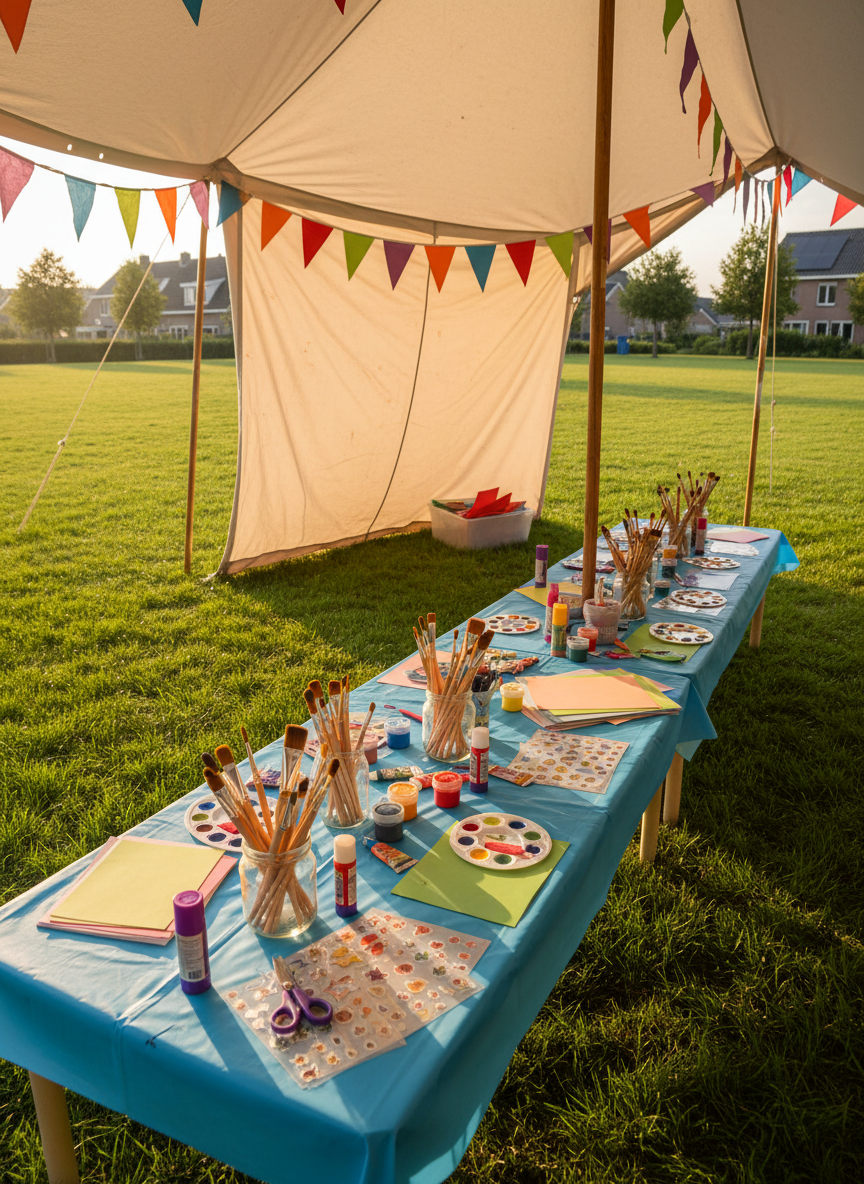 A vibrant crafting zone arranged on a long, kid-height table, covered with a wipeable sky-blue tablecloth, scattered with jars of chunky brushes, non-toxic paints in primary colors, stacks of colored paper, safe scissors, glue sticks, and cheerful stickers. The table is placed under a large open tent in a grassy area of Zwolle Zuid, with bunting flags in rainbow hues zigzagging overhead. Warm golden-hour sunlight flows sideways into the tent, creating soft highlights on the paint jars and gentle shadows on the table. Photographed at a three-quarter angle with photographic realism and moderate depth of field, the image feels playful, creative, and buzzing with anticipation, yet remains completely empty of people.